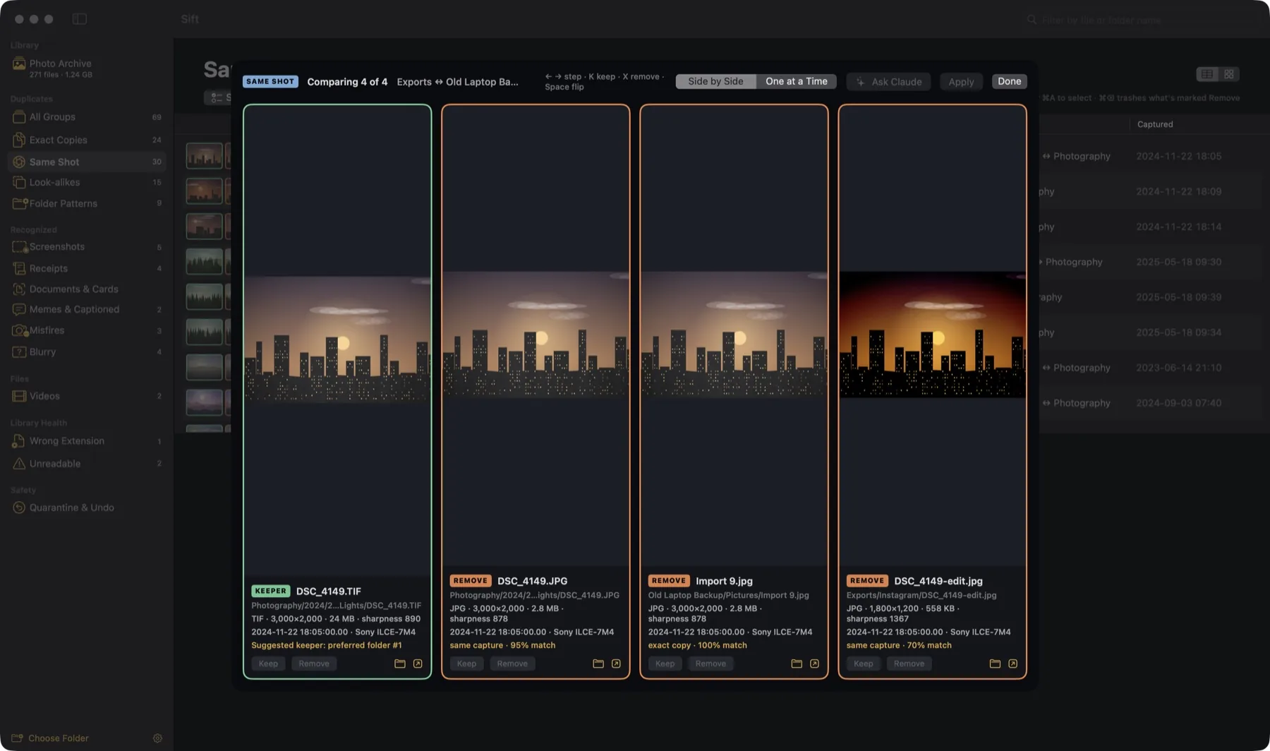 Comparing a TIFF master with its JPEG twin, a renamed backup copy and an edited export