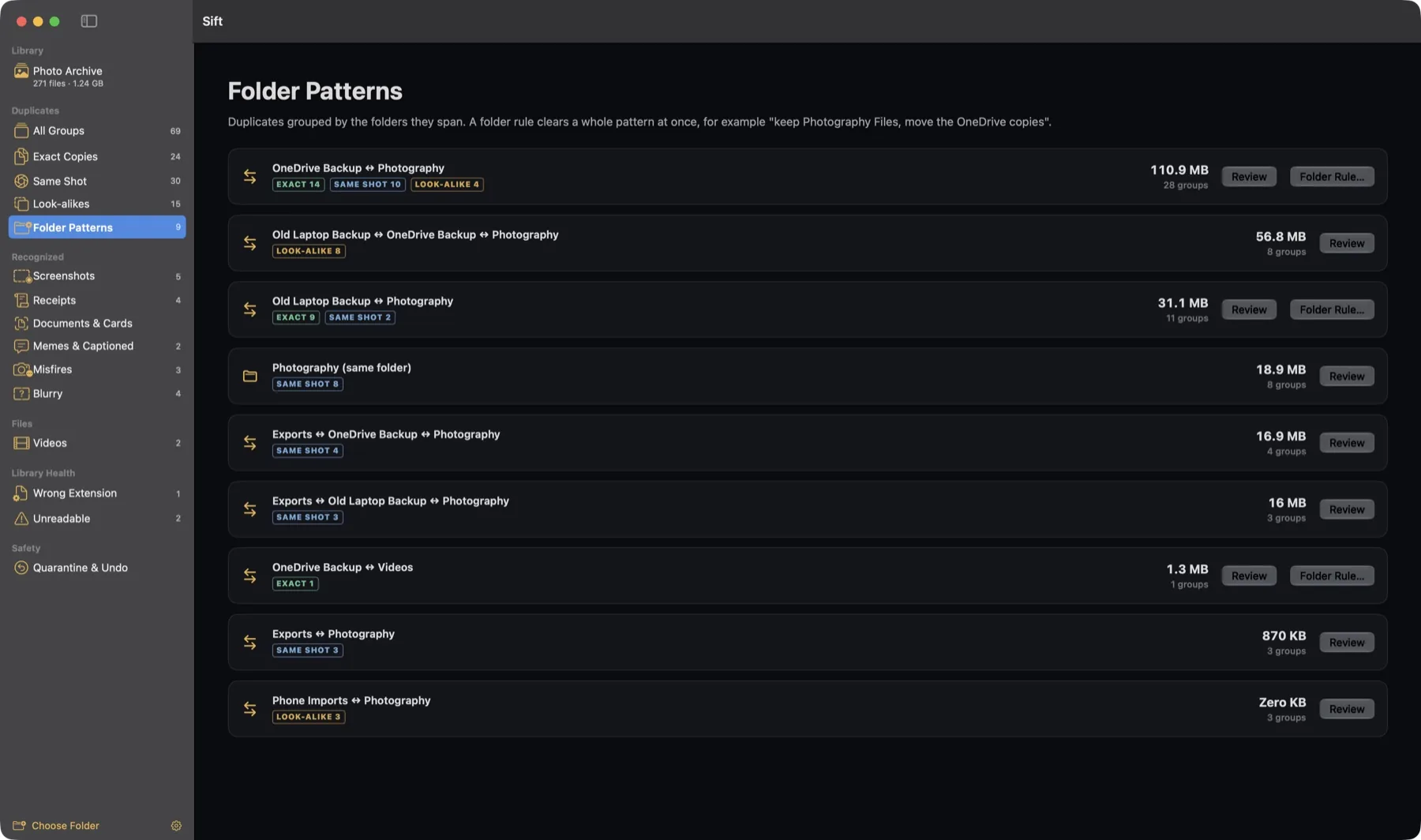 Folder Patterns: duplicates grouped by the folder pairs they span, with sizes and Folder Rule buttons